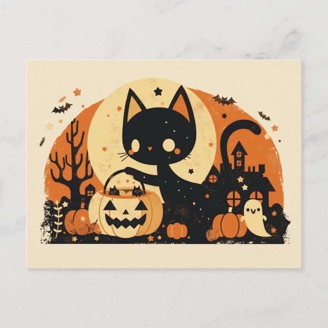 Retro Black Cat with Jack O' Lantern Postcard (Front)