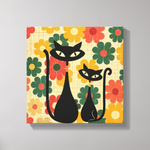 Retro Black Cats Canvas Print Mid Century Modern 