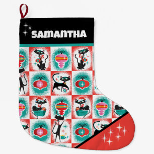 Retro Black Cats Christmas Stocking - Customizable