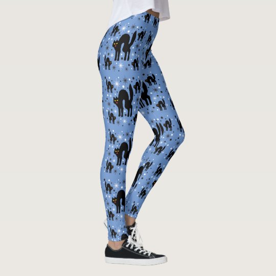 Retro Black Cats Fantasy with Starbursts on Blue Leggings