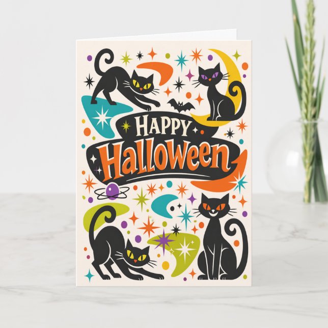 Retro Black Cats Halloween Card (Front)