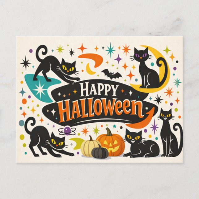 Retro Black Cats Halloween Holiday Postcard (Front)