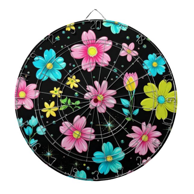 Retro Black colourful Flowers Pattern Birthday par Dartboard (Front)