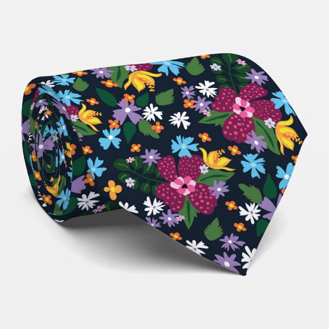 Retro Black Colourful Watercolor Floral Pattern Tie (Rolled)