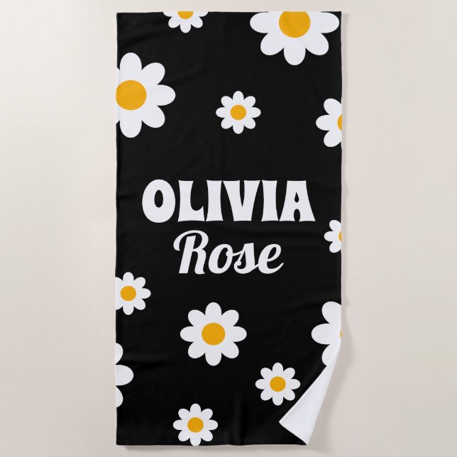 Retro Black Daisy 70's Hippie Custom Name Beach Towel (Front)