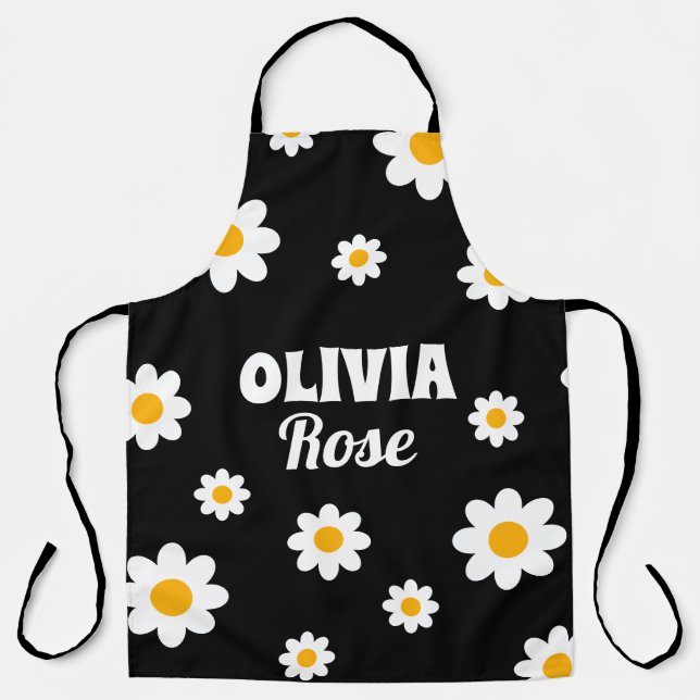 Retro Black Daisy 70's Hippie Custom Name Kitchen Apron (Front)
