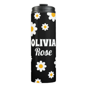 Retro Black Daisy 70's Hippie Custom Name Thermal Tumbler