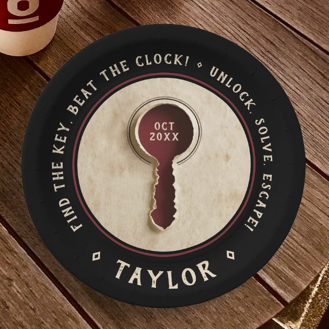 Retro Black Escape Room Detective Mystery Key Paper Plate (Creator Uploaded)