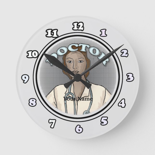 Retro black female doctor  round clock (Front)