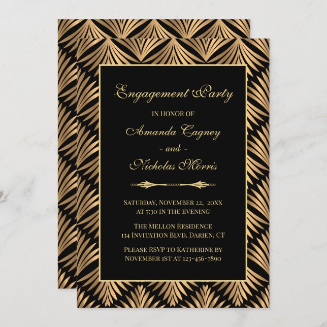 Retro Black Gold Art Deco Gatsby Engagement Party Invitation (Front/Back)