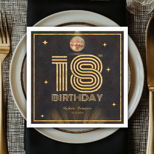 Retro Black Gold Disco Ball Party 18th Birthday Napkin