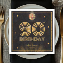 Retro Black Gold Disco Ball Party 90th Birthday