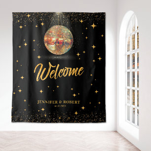Retro Black Gold Glitter Disco Wedding Welcome Tapestry