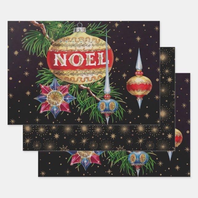 Retro Black & Gold Holiday Wrapping Paper Sheet (Set)
