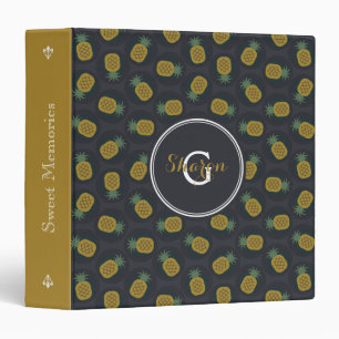 Retro black gold pineapple patterns monogram binder