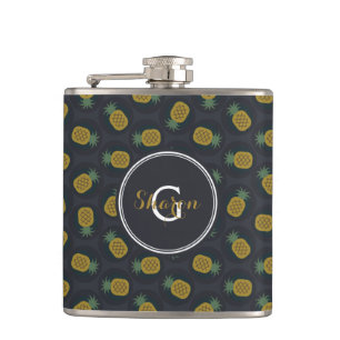 Retro black gold pineapple patterns monogram hip flask