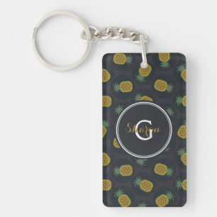 Retro black gold pineapple patterns monogram keychain