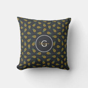 Retro black gold pineapple patterns monogram throw pillow