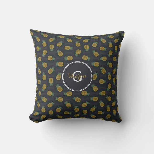 Retro black gold pineapple patterns monogram throw pillow (Front)