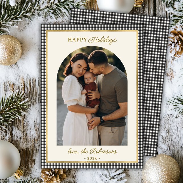 Retro Black Gold Plaid Arch Photo Christmas Happy  Holiday Card (Creator Uploaded)