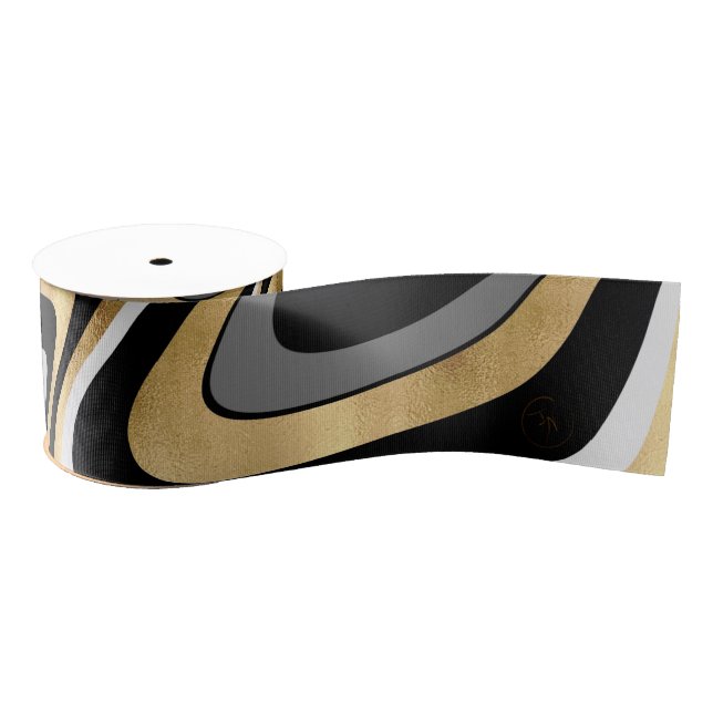 Retro Black Gold Wavy Lines Modern Design Grosgrain Ribbon (Spool)