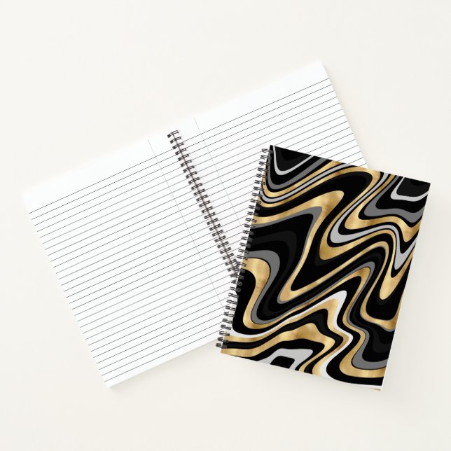 Retro Black Gold Wavy Lines Modern Design Notebook (Inside)
