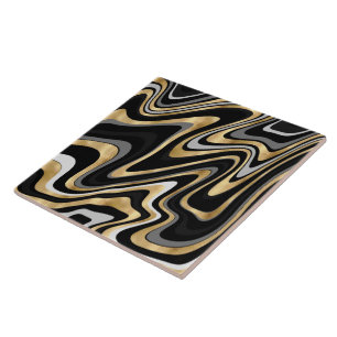 Retro Black Gold Wavy Lines Modern Design Tile