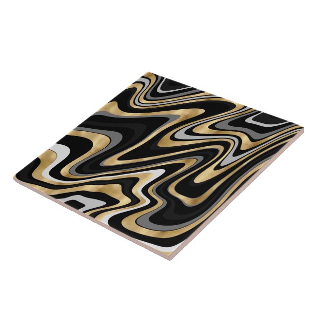 Retro Black Gold Wavy Lines Modern Design Tile (Side)