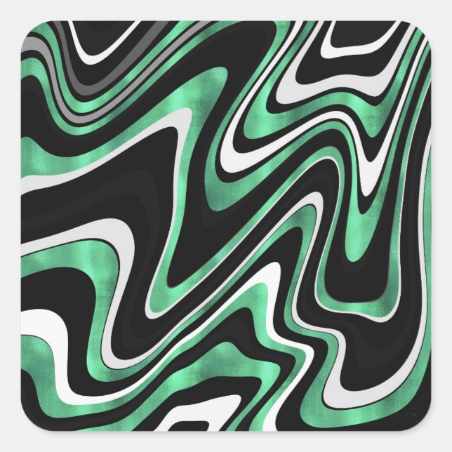 Retro Black Green Wavy Lines Modern Design Square Sticker (Front)