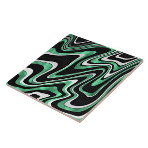 Retro Black Green Wavy Lines Modern Design Tile