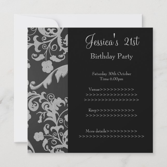 Retro Black Grey Metallic Floral 21st Birthday 3 Invitation (Front)