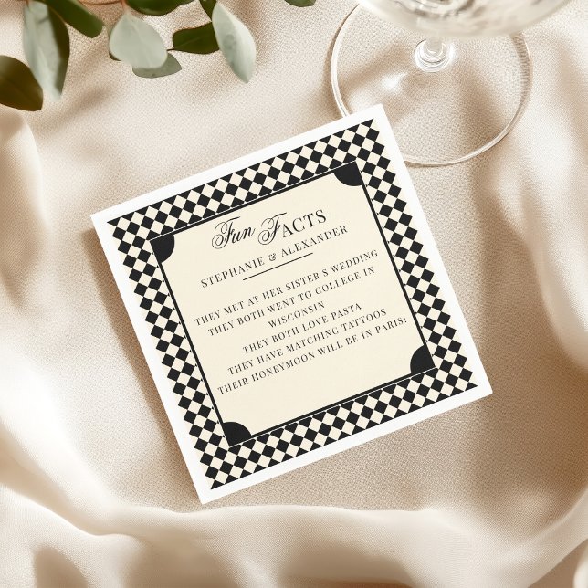 Retro Black & Ivory Fun Facts Old Money Wedding Napkin (Creator Uploaded)