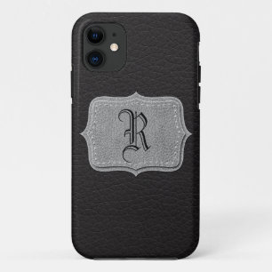 Retro Black Leather Personalized Monogram iPhone 11 Case