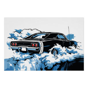 Retro Black Muscle Car Rear Pop Art Illustration Poster
