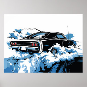 Retro Black Muscle Car Rear Pop Art Illustration Poster
