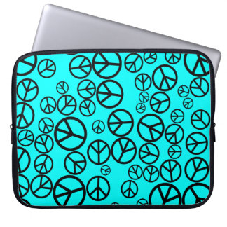 Retro Black Peace Signs on Aqua Blue Laptop Sleeve