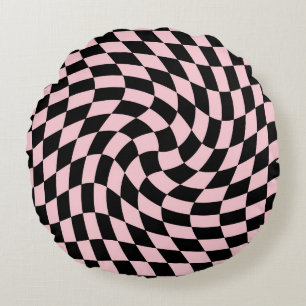 Retro Black Pink Checks Warped Chequered Dorm Round Pillow