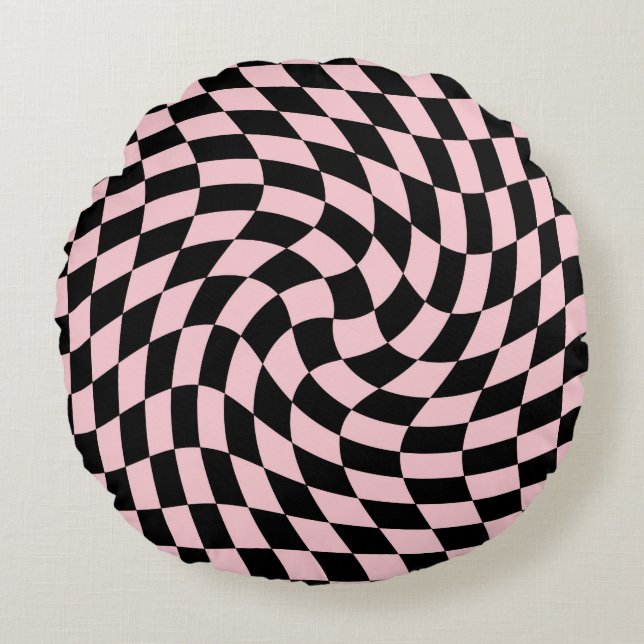 Retro Black Pink Checks Warped Chequered Dorm   Round Pillow (Front)