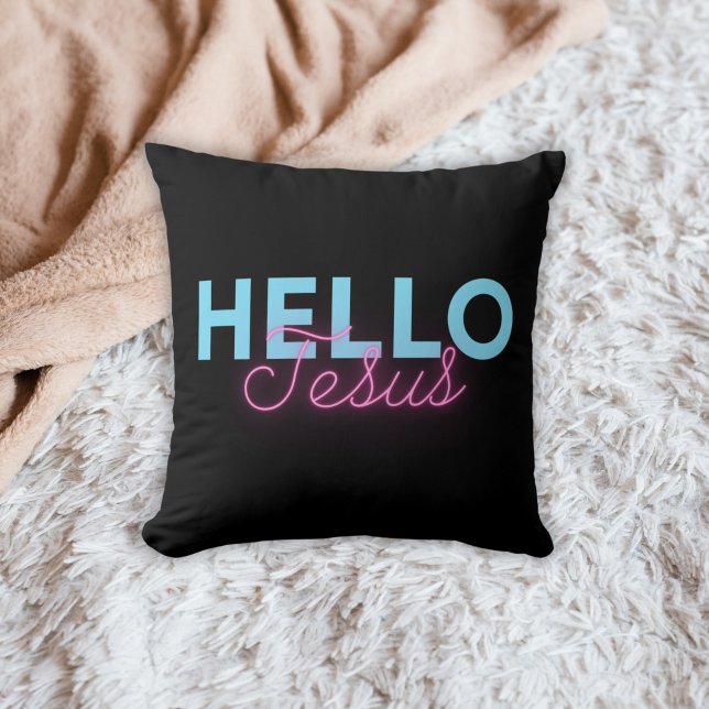 Retro Black Pink Neon Hello Jesus Christian Coffee Throw Pillow (Creator Uploaded)