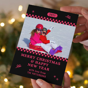 Retro Black Pink Personalized Christmas Photo Holiday Card