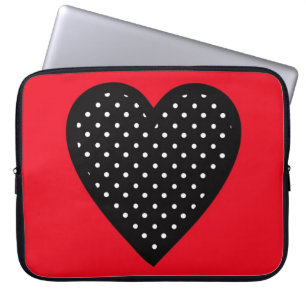 Retro Black Polka Dot Heart on Red Background Laptop Sleeve