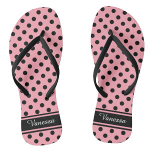 Retro Black Polka Dots Monogram Flip Flops