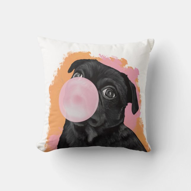 Retro Black Pug Pink Bubblegum Throw Pillow (Front)