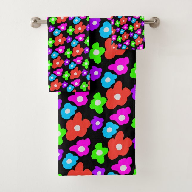Retro Black Rainbow Colourful Flowers Pattern Bath Towel Set (Insitu)