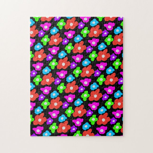 Retro Black Rainbow Colourful Flowers Pattern Jigsaw Puzzle (Vertical)