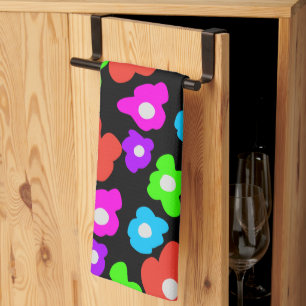 Retro Black Rainbow Colourful Flowers Pattern Kitchen Towel