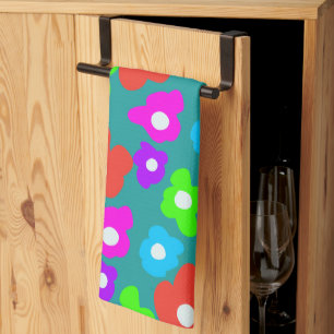 Retro Black Rainbow Colourful Flowers Pattern Kitchen Towel