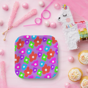 Retro Black Rainbow Colourful Flowers Pattern Paper Plate