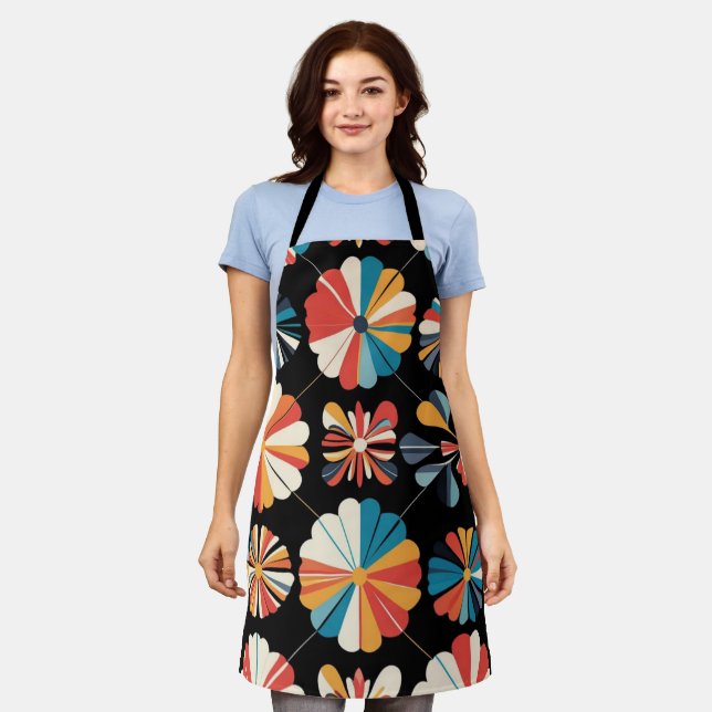 Retro Black Rainbow geometric Flowers Pattern  Apron (Worn)