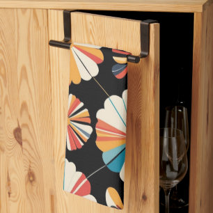 Retro Black Rainbow geometric Flowers Pattern  Kitchen Towel